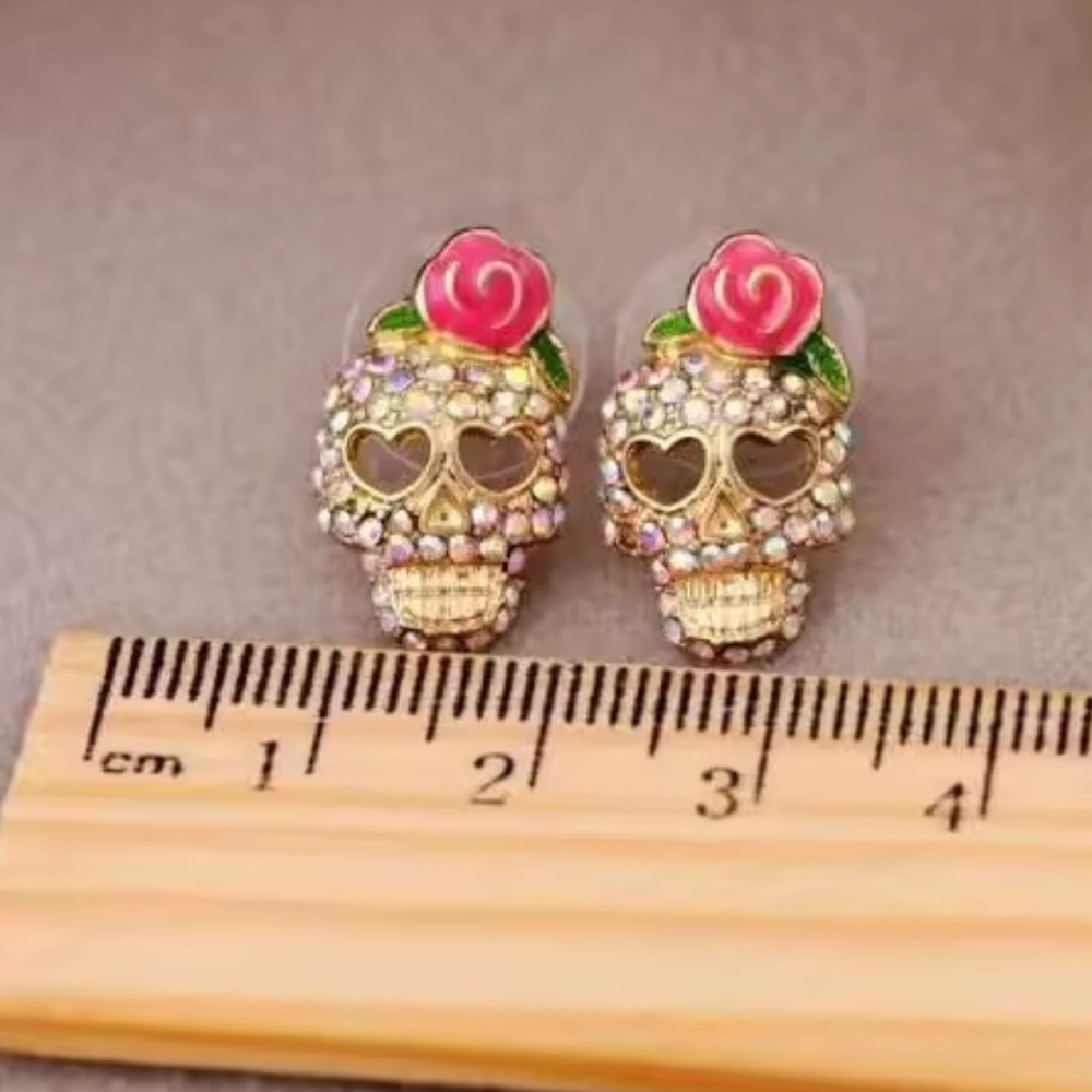 Halloween Skeleton Gold Crystal Earrings - Picture 6 of 13